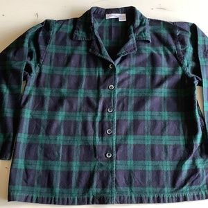 Vermont Country Store Green Blue Plaid Cotton Flannel Night-Lounge Shirt Large